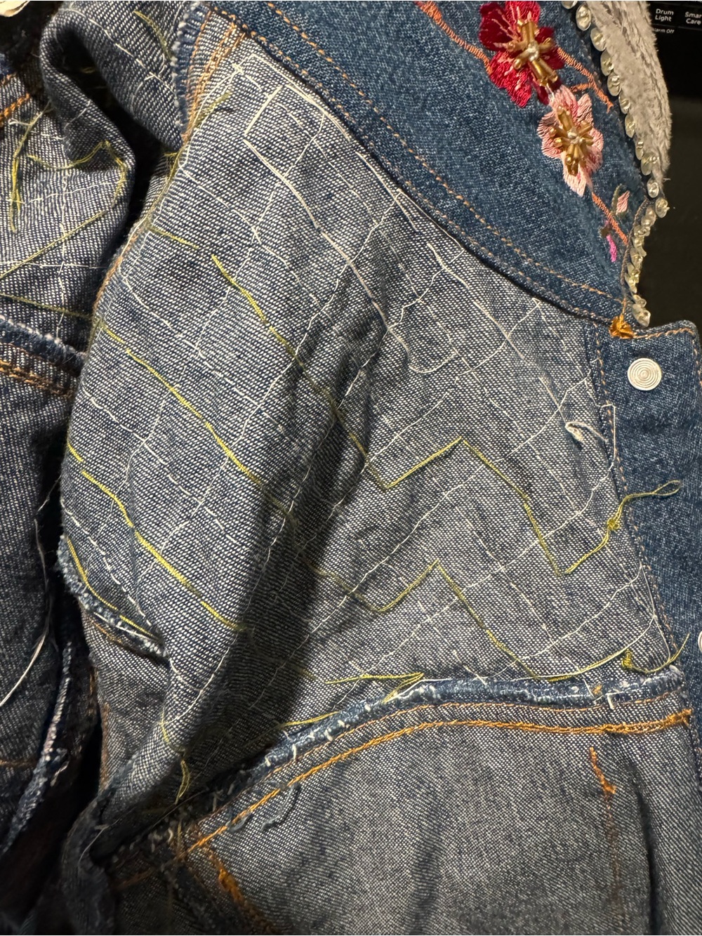 VTG Carrie Allen Patchwork Denim Jacket M Embellished Wearable Art Y2K Boho - Picture 12 of 15